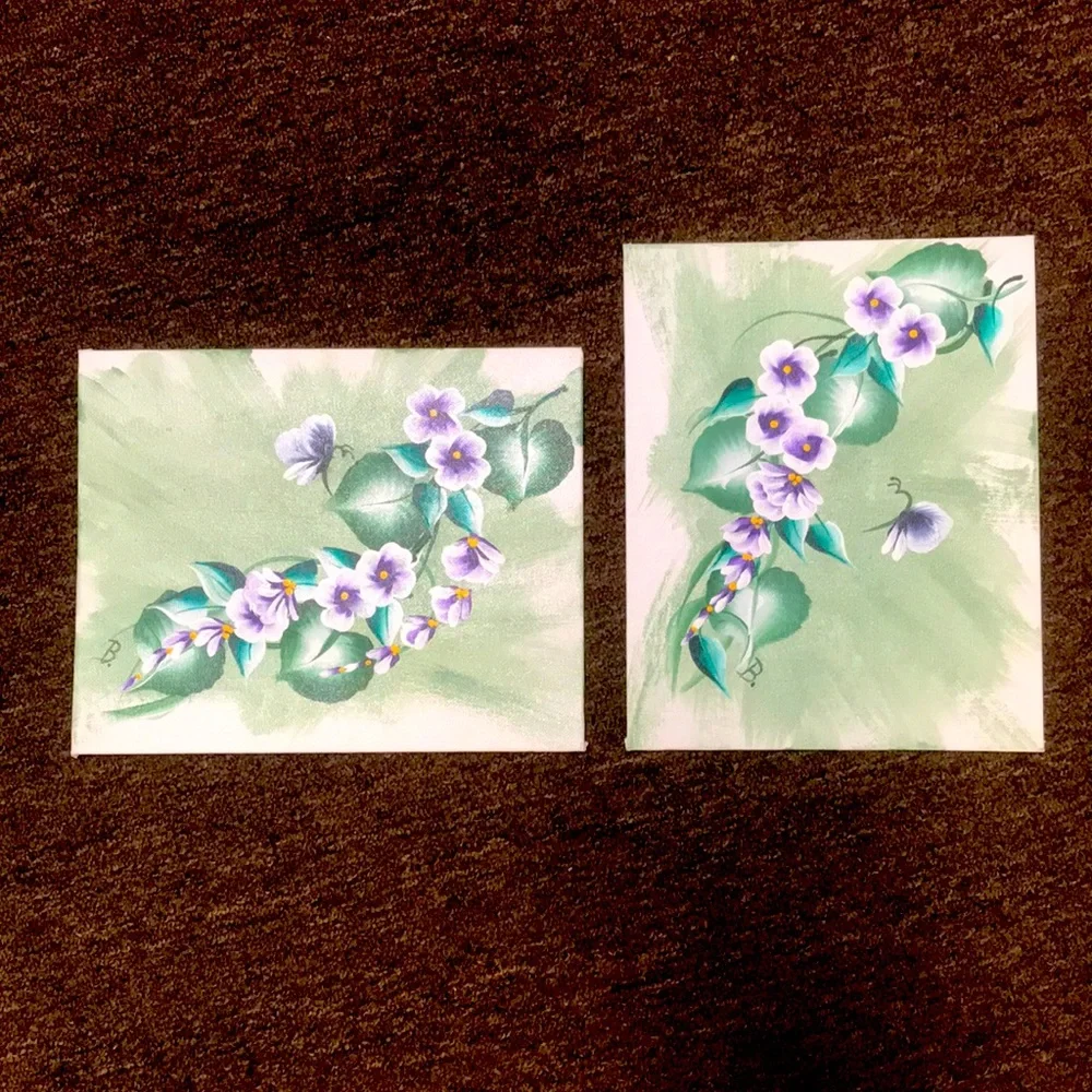 2 Original Signed Flowers‎ & Butterfly Acrylic Paintings on 8x10 Canvas Boards
